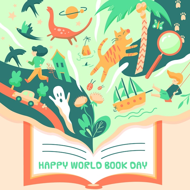 魔法のイラストで描かれた世界の本の日 無料のベクター