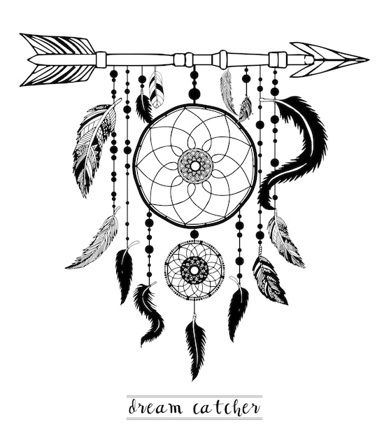 Download Dream catcher with arrow and feathers hand drawn vector ...