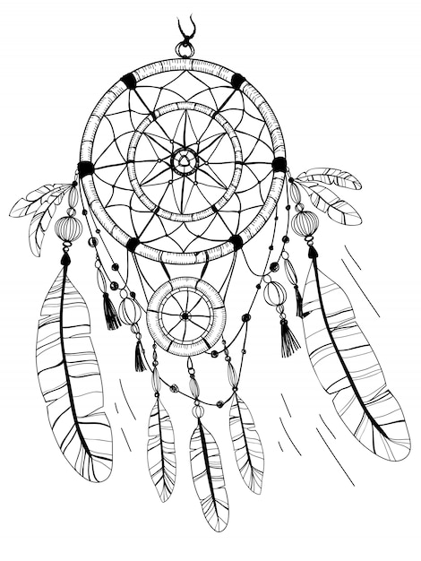 Dreamcatcher feathers and beads coloring page drawing