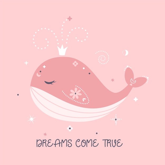 夢が叶う かわいいピンクのクジラのイラスト プレミアムベクター