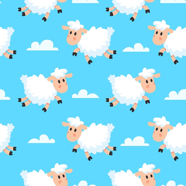 Dreamy woolly fun clouds baa lamb or sheep cartoon seamless fabric pattern Premium Vector