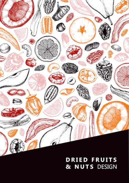 ドライフルーツとナッツのチラシ 手描き脱水フルーツスケッチ ビンテージナッツのイラスト ビーガンフード スナック ヘルシーな朝食 グラノーラ ベーキング デザートに 刻印入りカードテンプレート プレミアムベクター