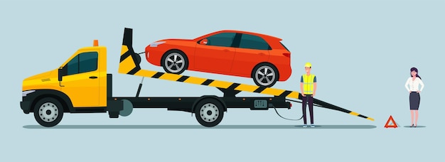 Premium Vector The Driver Of The Tow Truck Is Loading The Faulty Car Woman Car Owner Watches Loading