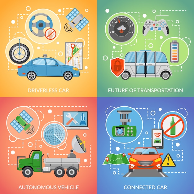 Driverless car autonomous vehicle 2x2 icons set Free Vector