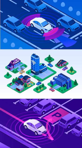 Driverless car illustration set. isometric set of driverless car Premium Vector