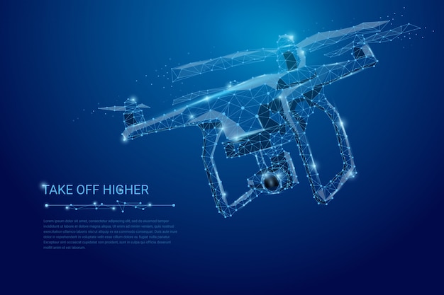 Drone flying with action video camera on dark blue banner Premium Vector