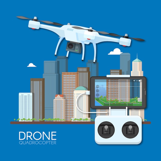都市上空を飛行するリモコン付きドローン 写真とビデオの概念図を取ってカメラで空中ドローン プレミアムベクター