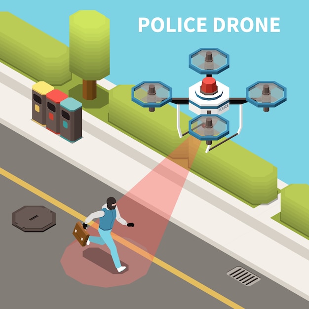 Drones quadrocopters isometric composition with outdoor view of police drone in pursuit of the criminal character Free Vector