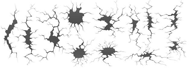 乾燥した亀裂 地面の穴の亀裂 ひびの入ったヒビ割れ 損傷した壁のテクスチャセット プレミアムベクター