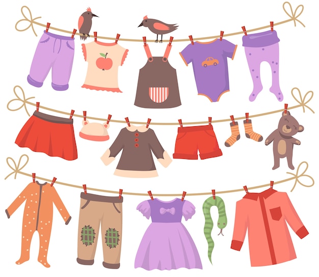 ベビー服セットの乾燥 鳥と一緒にロープにぶら下がっている小さな体 ドレス ズボン ショーツ 靴下 パジャマ おもちゃをきれいにします 幼児の衣服 親子関係 洗濯の概念のためのベクトルイラスト集 無料のベクター