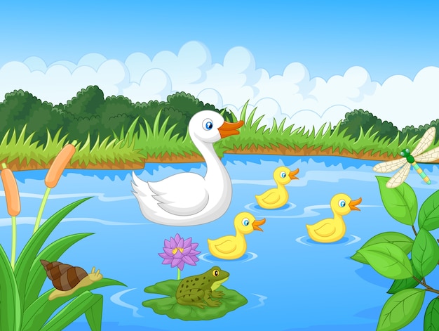 Premium Vector | Duck family cartoon swimming