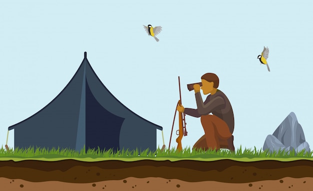 アヒル狩り 銃 双眼鏡 狩りのテントでハンターの漫画イラスト 野鳥を撮影し 屋外をターゲットにします プレミアムベクター