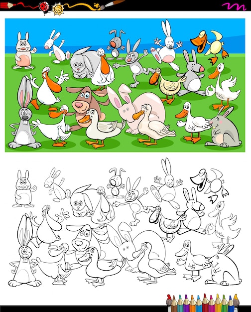 Download Ducks and rabbits characters coloring book | Premium Vector