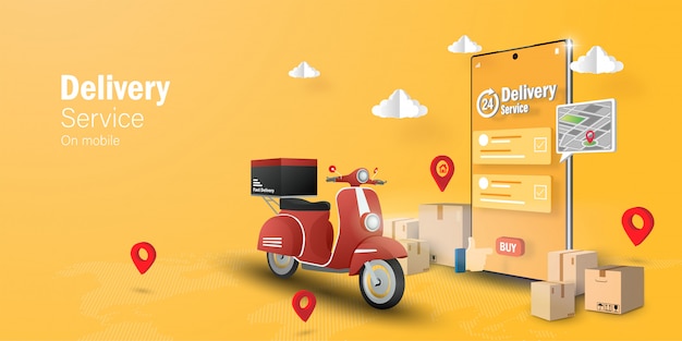 E-commerce concept, delivery service on mobile application, transpotation or food delivery by scoote
