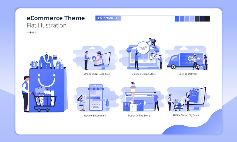  E-commerce or online shopping theme in a flat illustration Premium Vector