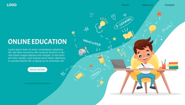 E-learning concept banner. online education. cute school boy using laptop. study at home with hand-d