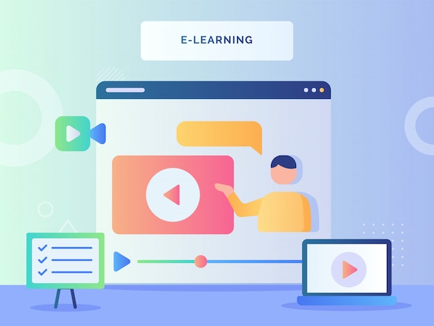E learning concept man talking in video tutorial on computer screen with flat style Premium Vector