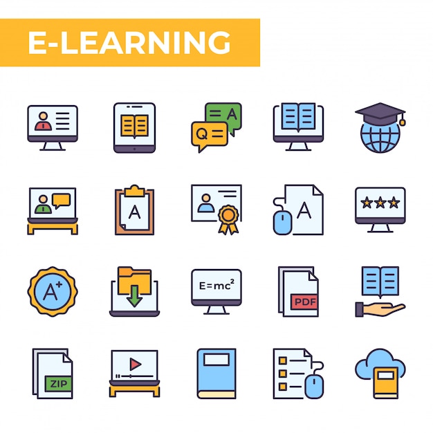 E-learning icon set, filled color style Premium Vector