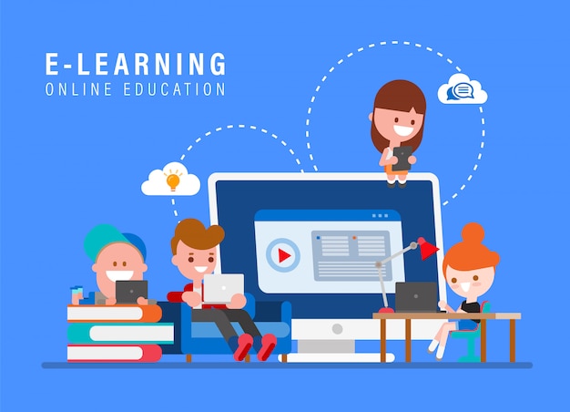 E Learning Online Education Concept Illustration Kids Studying At
