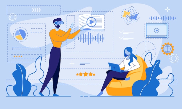 E-learning via internet or virtual reality account Premium Vector