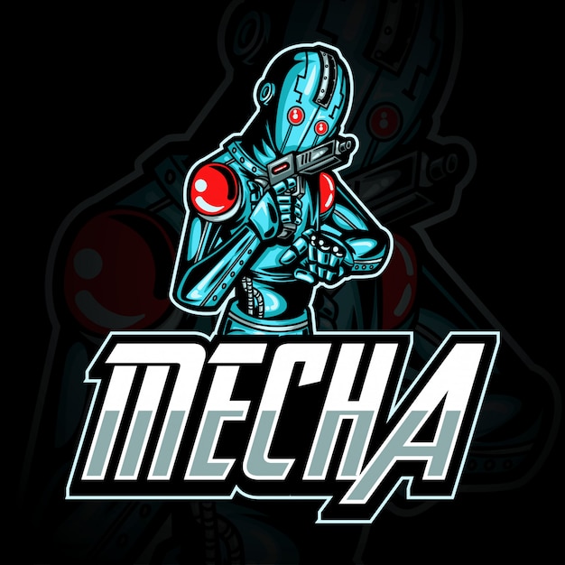 Premium Vector E Sport Gaming Logo Or Mascot Illustration Representing Blue Metalic Robot With Gun On Hand
