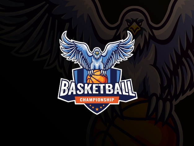 イーグルマスコットスポーツロゴデザイン 鷲鳥マスコットベクトルイラストロゴ イーグルはバスケットボールを襲い プレミアムベクター