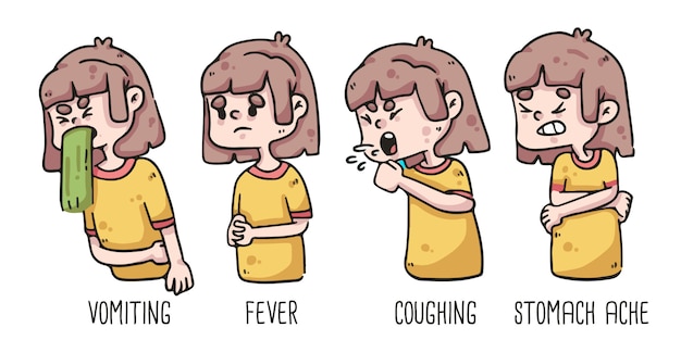 描いている女の子のコロナウイルス嘔吐 発熱 咳 胃痛の初期兆候 プレミアムベクター