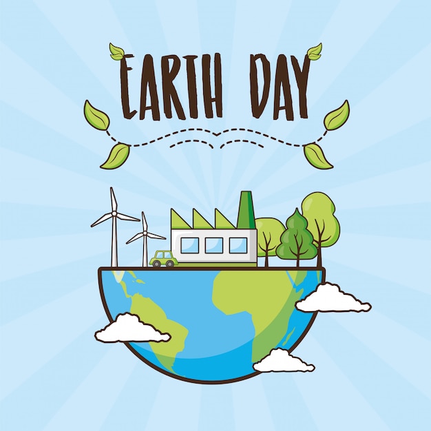 地球の日カード 木とクリーンエネルギーオブジェクト イラストの惑星 無料のベクター
