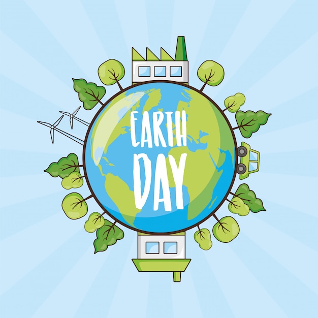 Earth day card, planet with trees and clean energy objects, illustration Free Vector