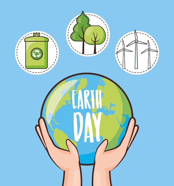 地球の日 リサイクル缶 木 惑星 イラストとアイコンのセット 無料のベクター