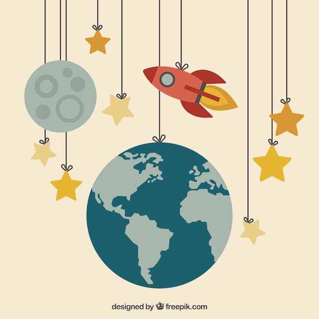 Earth, moon and a rocket hanging on the ropes Free Vector Earth, moon and a rocket hanging on the ropes Free Vector