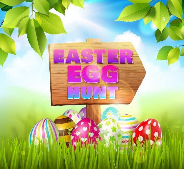 Free Vector Easter Background Composition With Easter Eggs Laying On Green Grass And Wooden Road Sign With Text Illustration