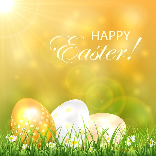 Premium Vector | Easter background with sun and golden eggs in the ...