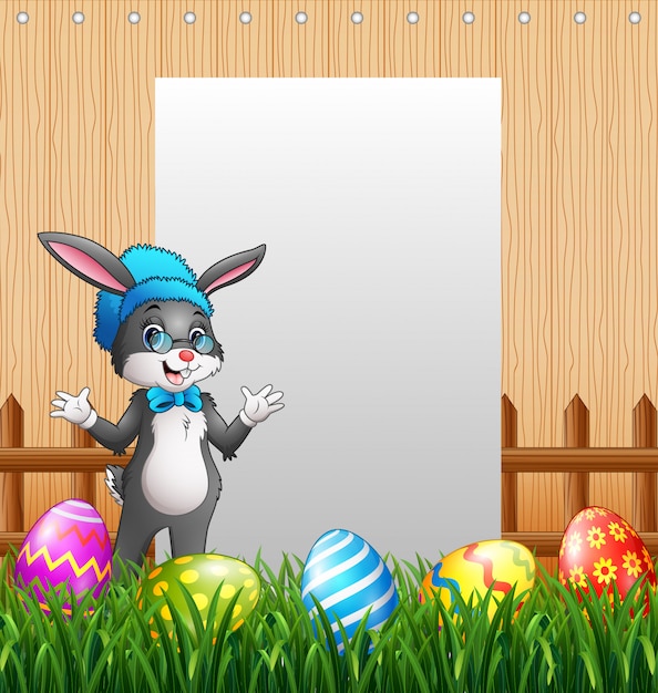 Premium Vector | Easter bunnies with blank sign background