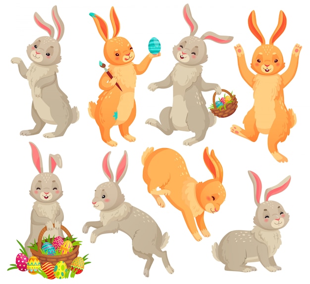 イースターのウサギ ウサギのジャンプ 面白いウサギの動物とウサギ東部の卵漫画セットを踊る プレミアムベクター