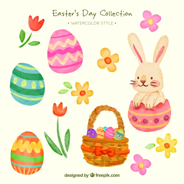 Easter bunny set with basket and watercolor\
easter eggs