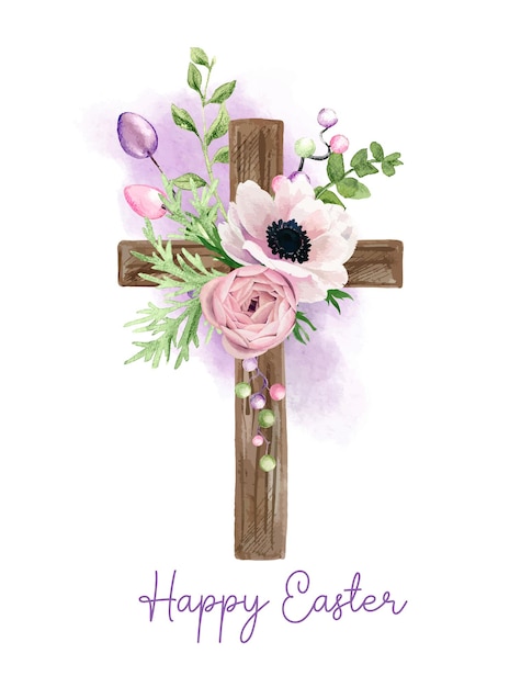 Premium Vector Easter Christian Cross With Anemone Flowers Easter Decoration Hand Drawn Watercolor Illustration