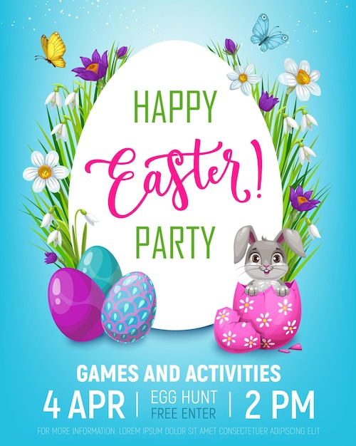 Premium Vector Easter Egg Hunt Kid Party Invitation Poster With Cartoon Bunny Rabbit In Eggshell