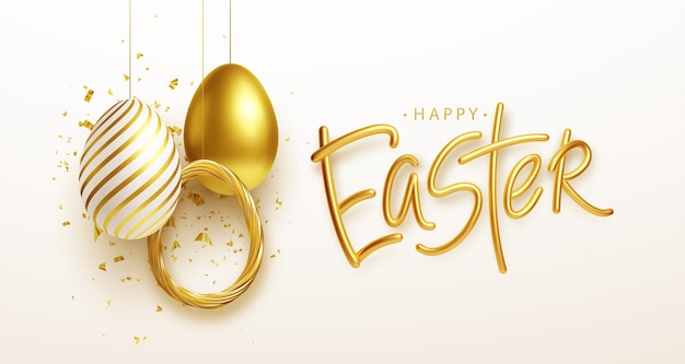Easter greeting background with realistic golden, blue, white easter eggs. vector illustration eps10 Free Vector