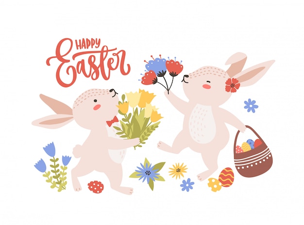 かわいい面白いウサギまたはウサギが春の花と卵を収集し 筆記体フォントで手書きされた休日のレタリングのペアでイースター のグリーティングカードテンプレート フラット漫画イラスト プレミアムベクター