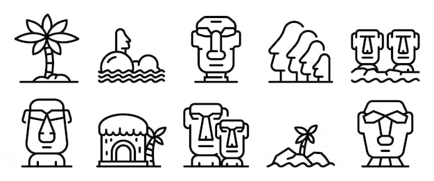 Download Easter island icons set, outline style | Premium Vector