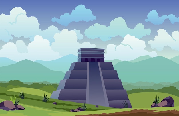 イースター島 古代マヤのピラミッドやモアイ像の旅人 有名な旅行風景の場所のバナー 観光と休暇の熱帯の背景 プレミアムベクター