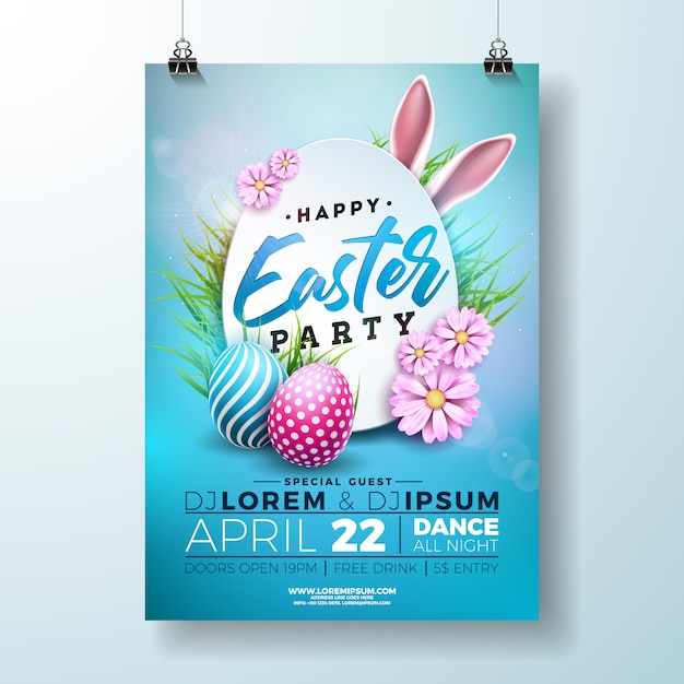 Premium Vector | Easter party flyer illustration with eggs and rabbit ears