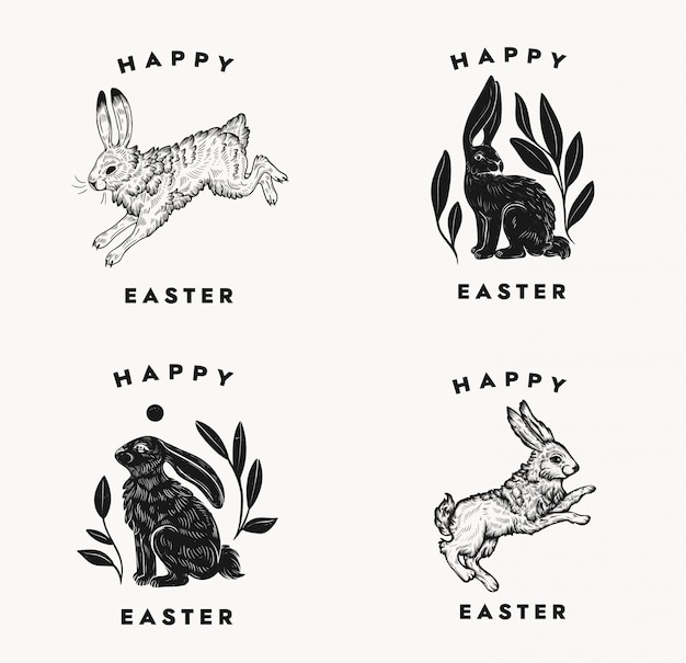 白い背景にバニー表記構成とイースターのポストカード イースターのウサギのロゴ ビンテージスタイルのウサギの分離黒と白の手夜明けイラスト プレミアムベクター