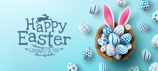 Easter poster and banner template with easter eggs in the nest Premium Vector