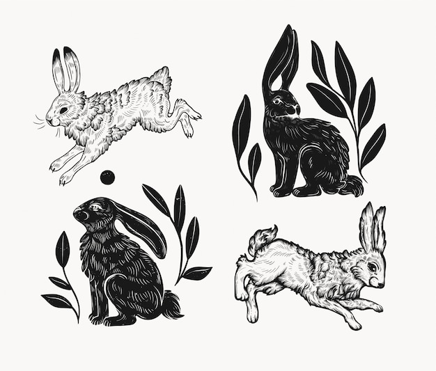Download Easter rabbit isolated in linocut style. vintage stamp ...