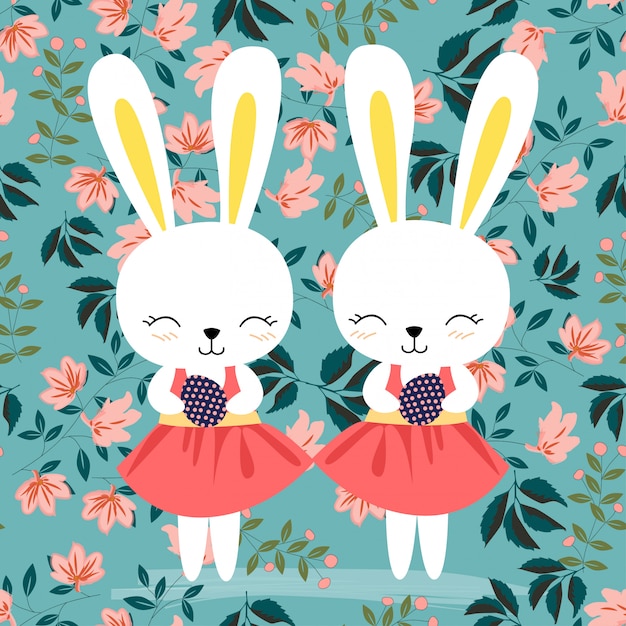 Easter rabbit in pink flower seamless pattern Premium Vector