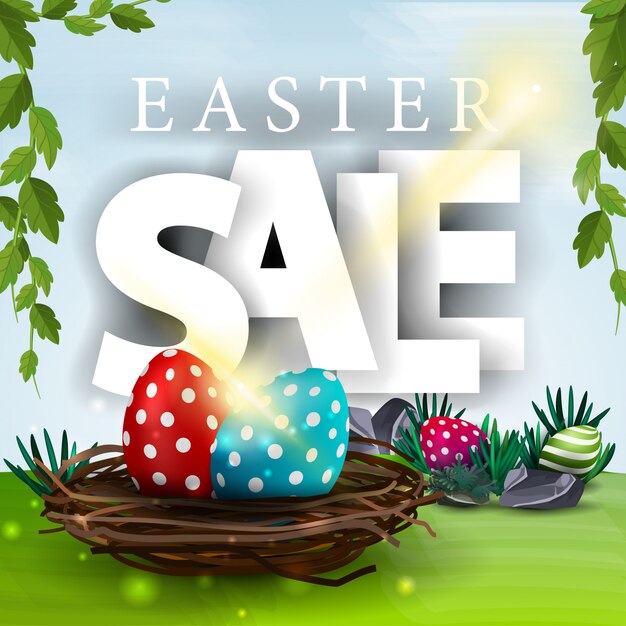 Premium Vector Easter sale banner with spring landscape