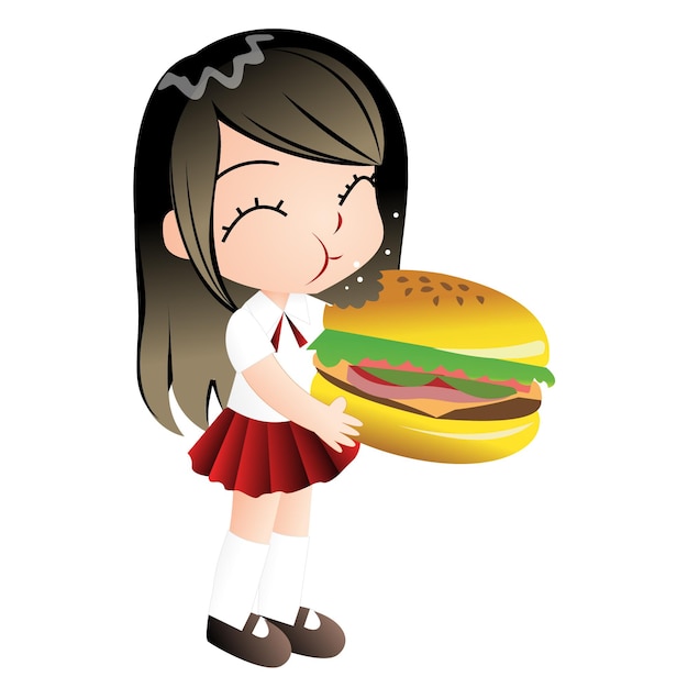 かわいいハンバーガーの女の子の漫画のキャラクターを食べる プレミアムベクター