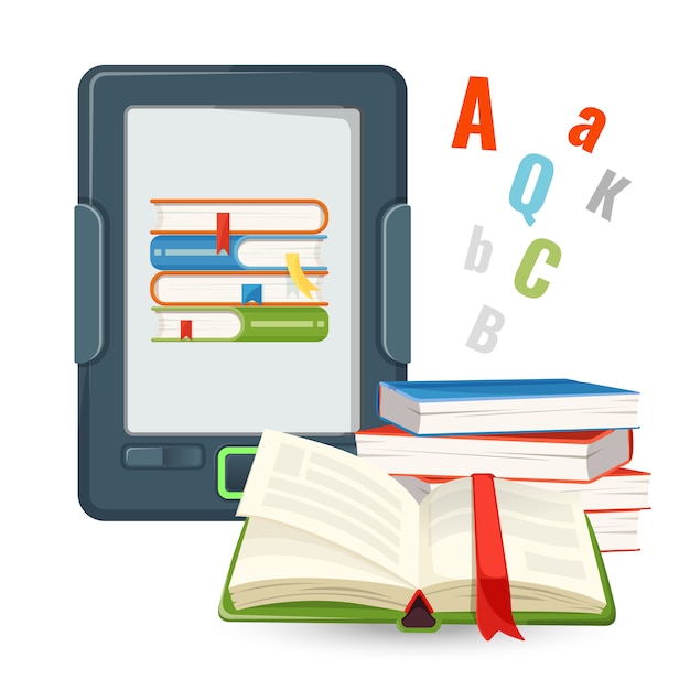 Ebook device contains millions of paper books published in digital form Premium Vector